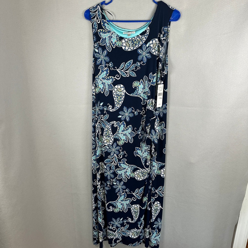 Robbie Bee Maxi Dress Women Petite XL Navy Aqua Paisley Floral NWT
